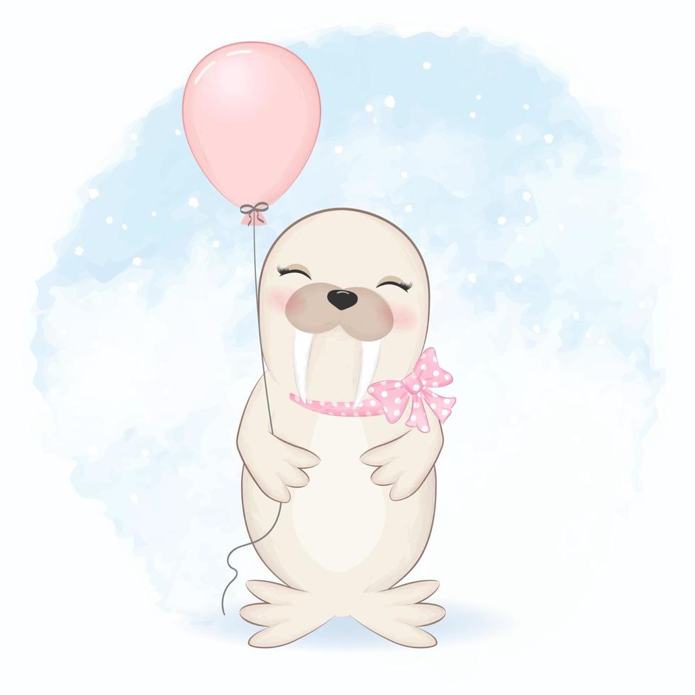 Cute seal and balloon watercolor illustration vector