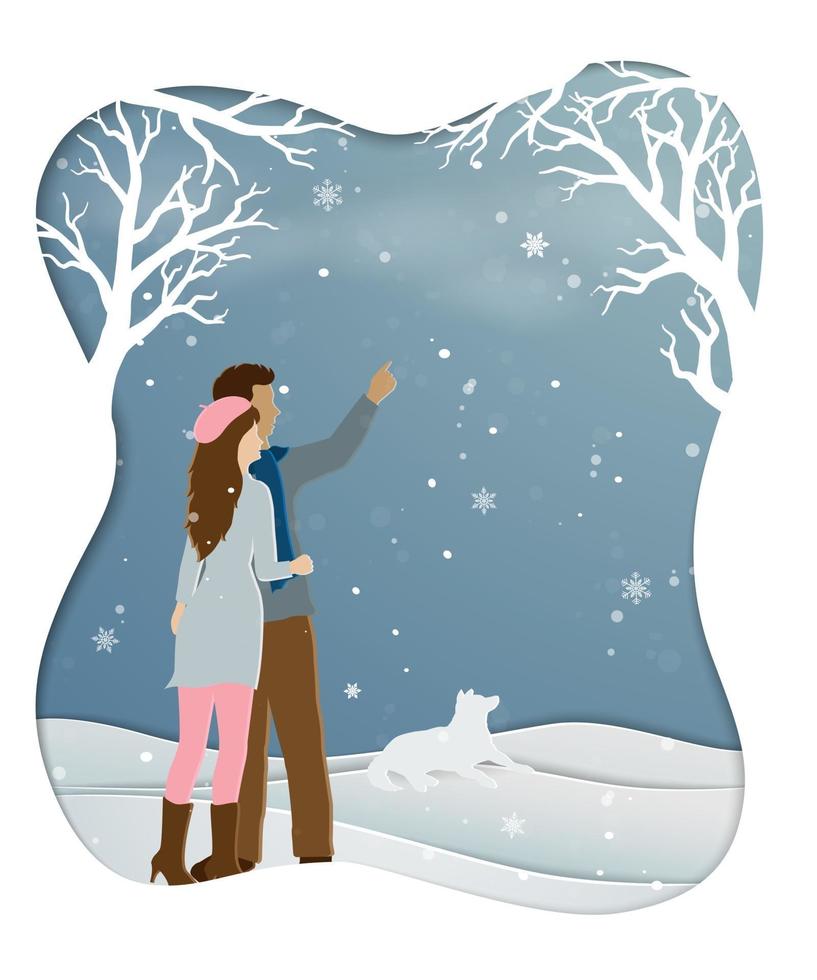 Romantic couple standing in winter season with snowflakes Illustration of love on paper art scene background vector