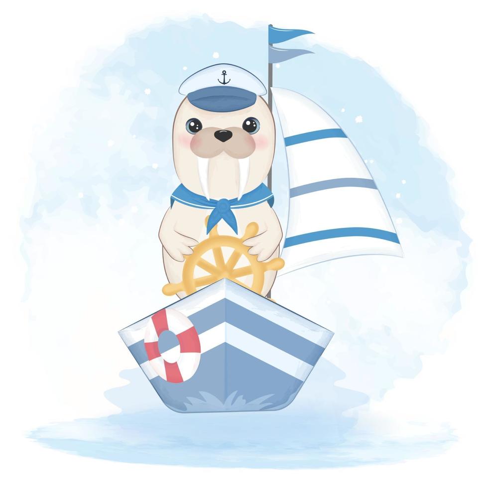 Cute walrus sailor driving boat and swim ring vector