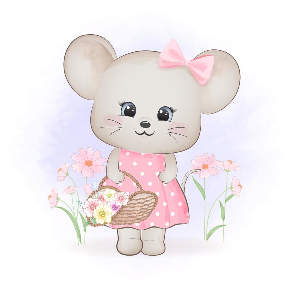 Mouse with cosmos flowers in basket vector