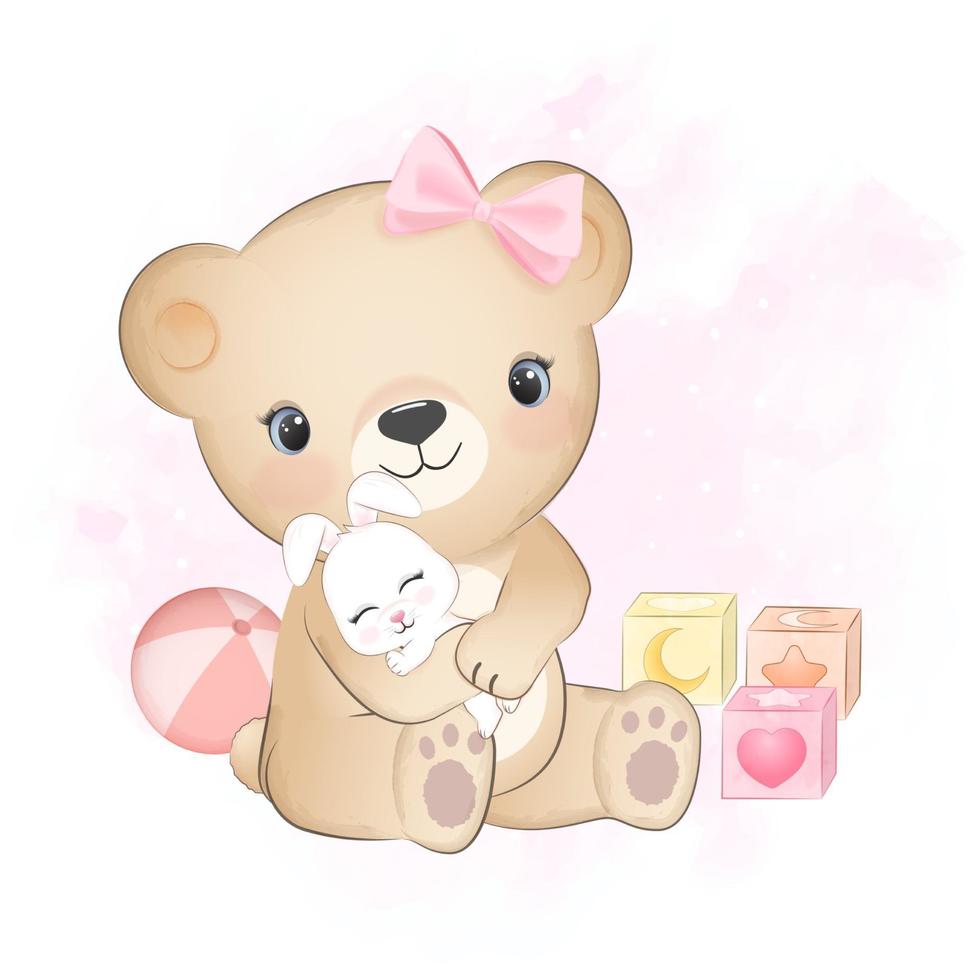 oso con conejito y juguete para bebé vector