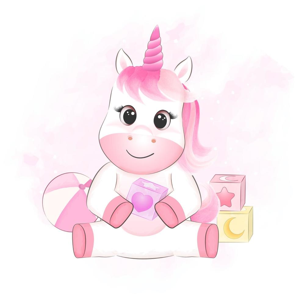 lindo unicornio y juguete para bebé vector