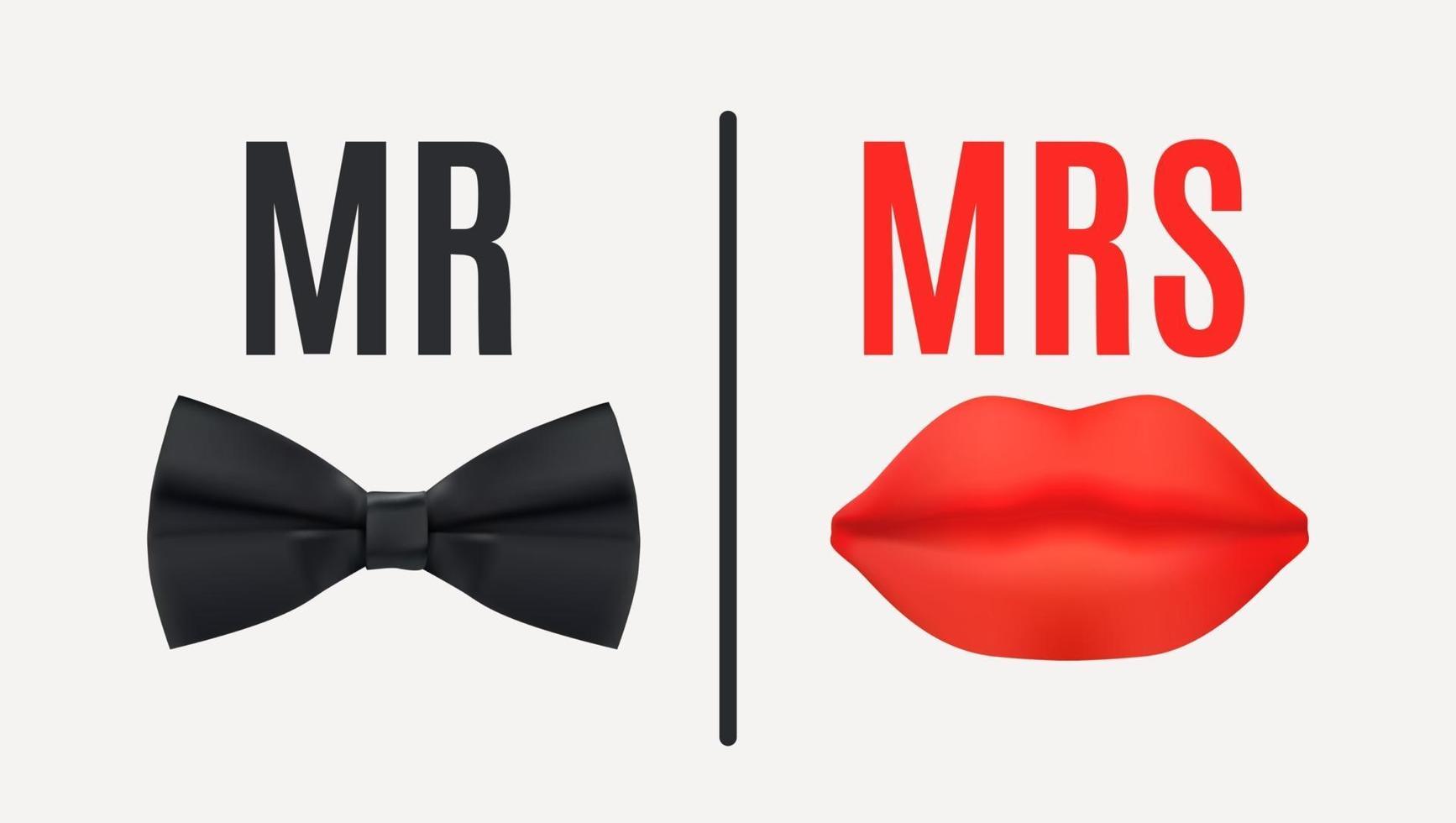 Mr and Mrs Sign with Black bow tie and Red Lips vector