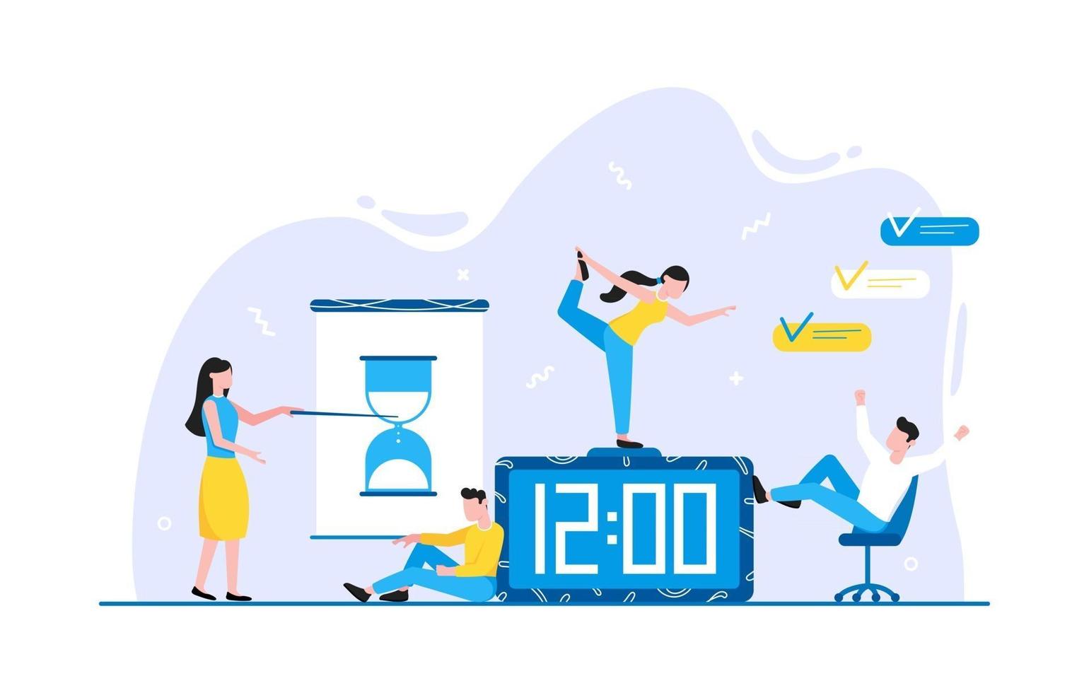 Tiny people characters working together with calendar schedule and fill out task on week schedule Teamwork and time management concept flat style design vector illustration isolated white background