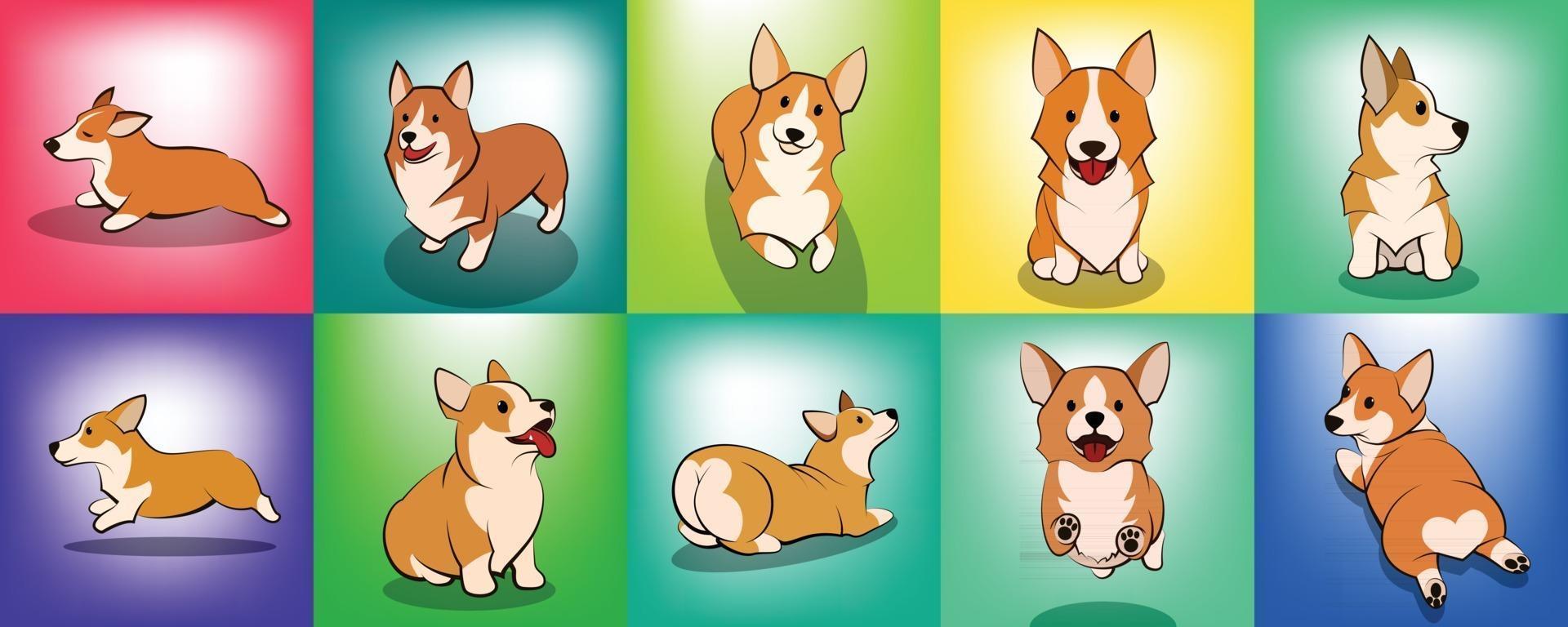 set of cute Cartoon Vector Illustration of a corgi puppy dog