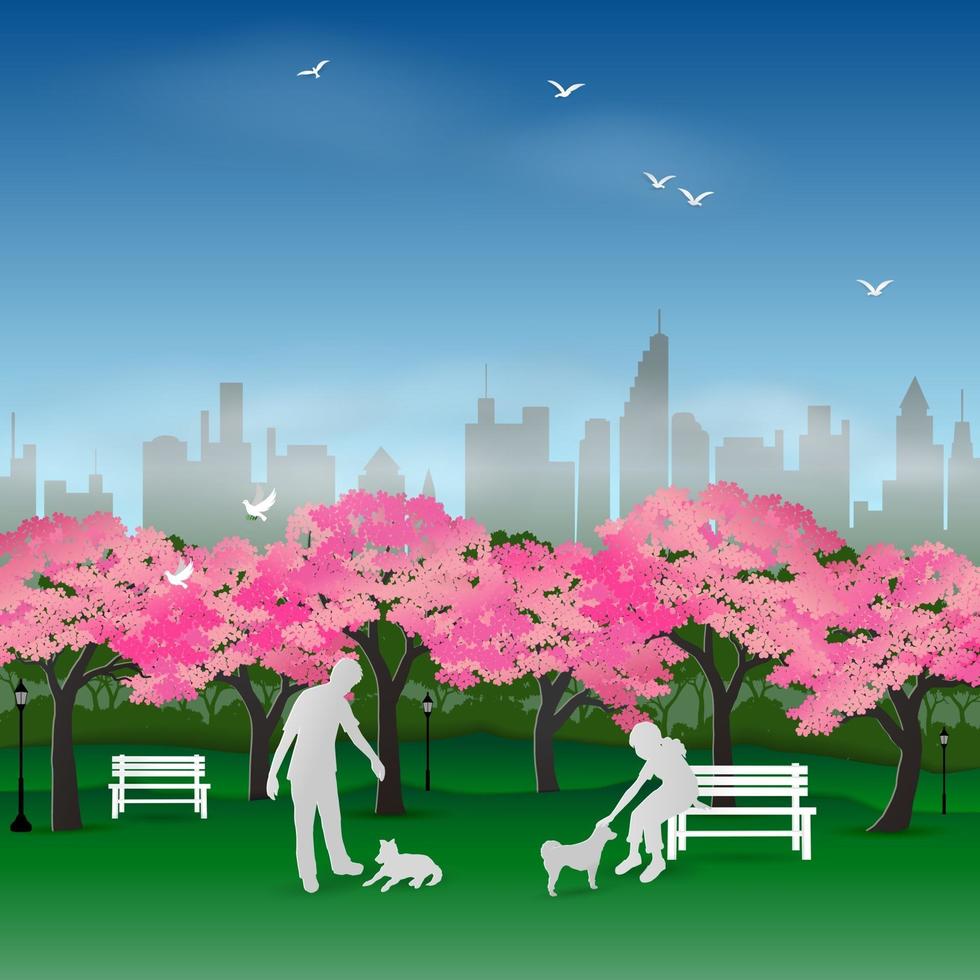 Nature background with couple happy and relax in the sakura park vector