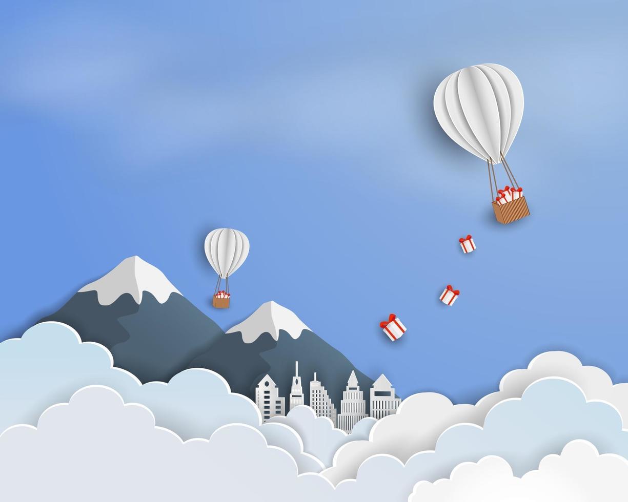 Paper art of blue sky background with white balloon and gift box floating in the air vector