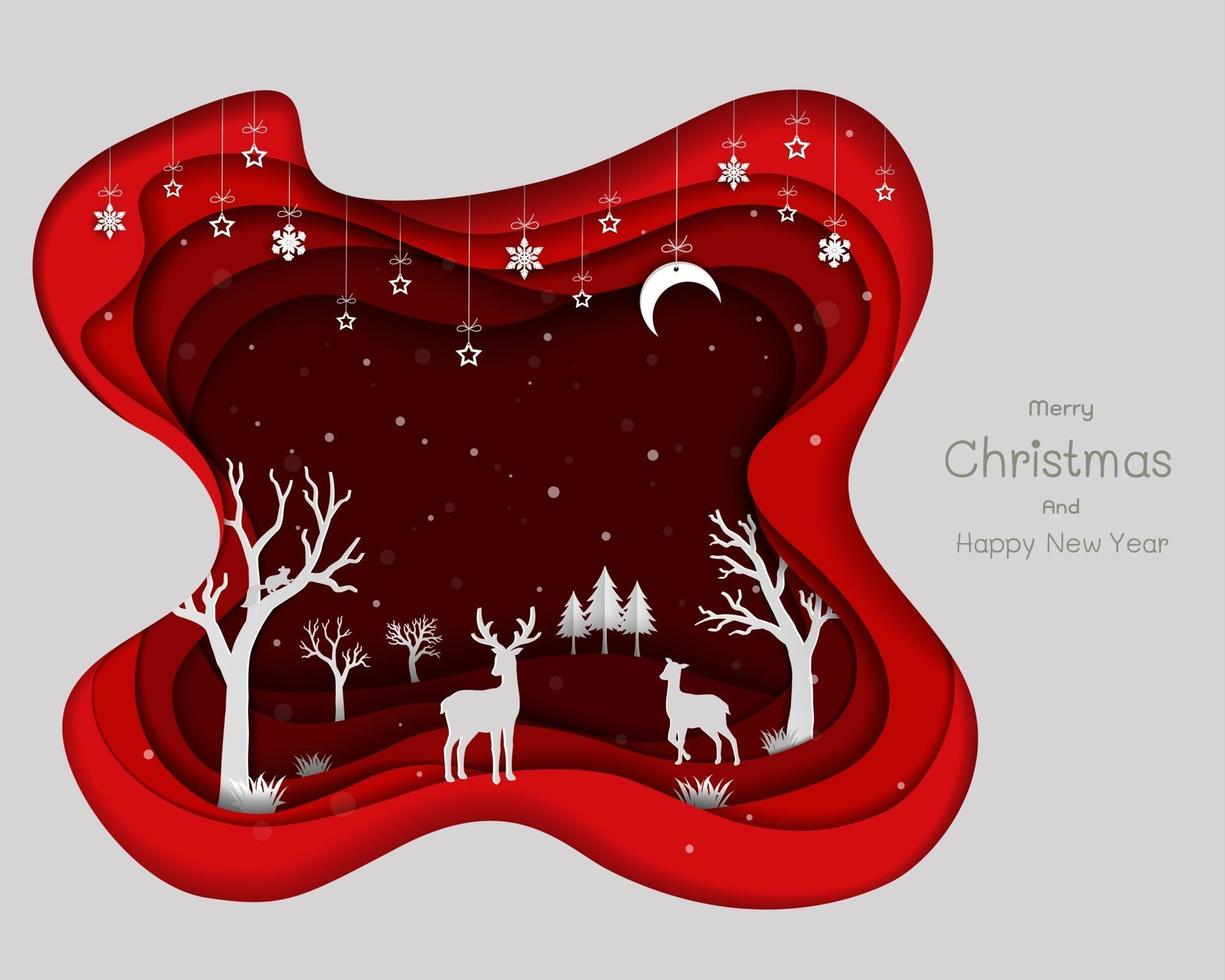 Paper art design with deers family and snowflakes on red abstract background icons of winter season for Christmas holiday celebration party greeting card or happy new year vector