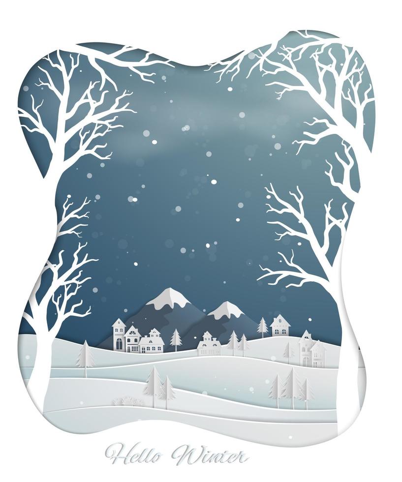 Paper art design with countryside and snow covered hills in winter season nature background for christmas holiday celebration party happy new year or greeting card vector
