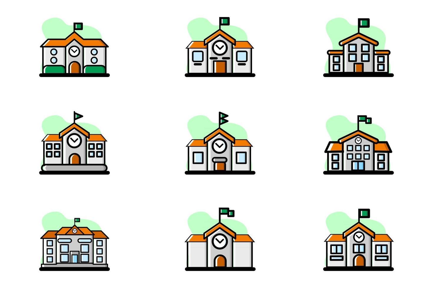 Conjunto de iconos de diseño de ilustración de vector de edificio de escuela