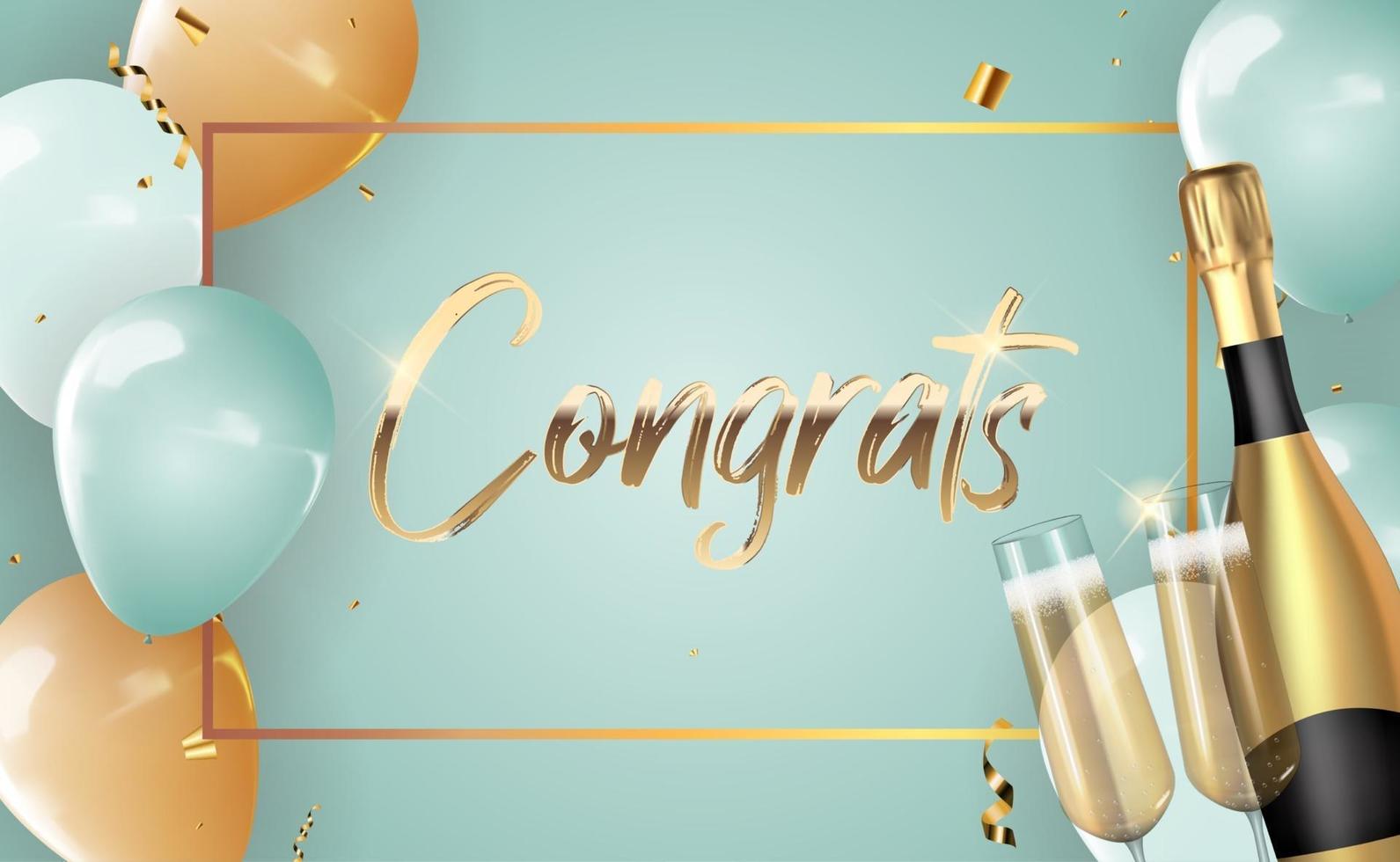 Realistic 3d congrats background with bottle of champagne and a glass for party vector