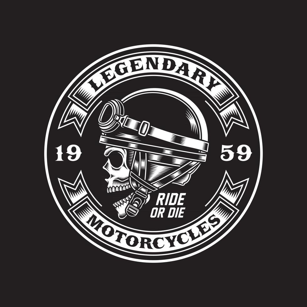 Emblema de calavera de motociclista vintage en blanco y negro vector