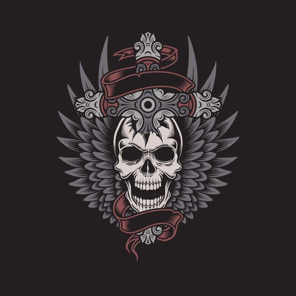 Heraldic Winged Skull With Cross vector