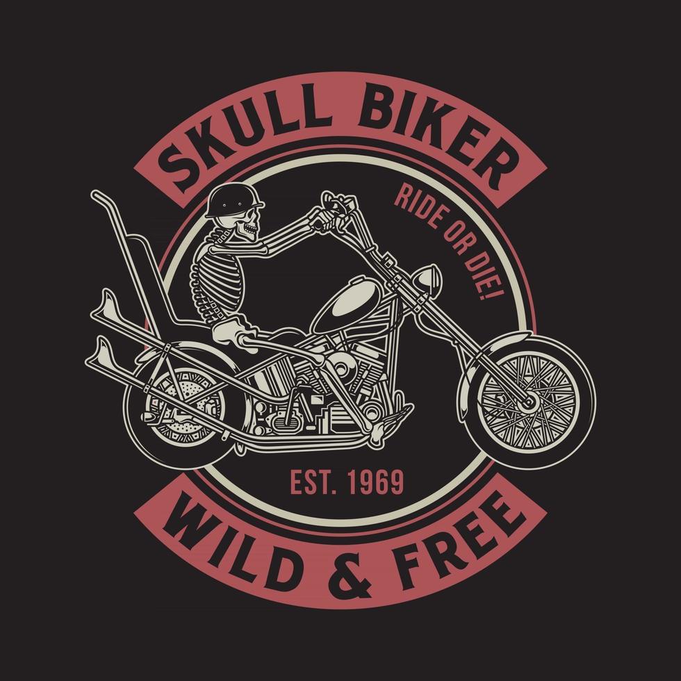 Vintage Skull Riding Motorcycle Graphic Tshirt On Black vector