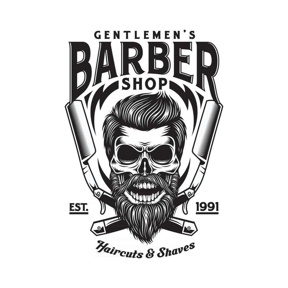 Vintage Bearded Barber Skull With Crossed Razors vector