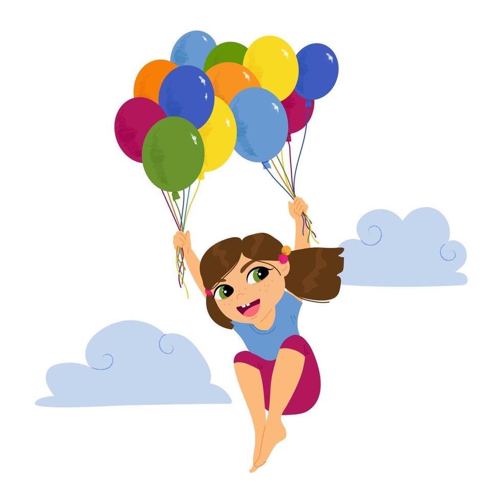 niña sonriente volando y sosteniendo globos de colores vector