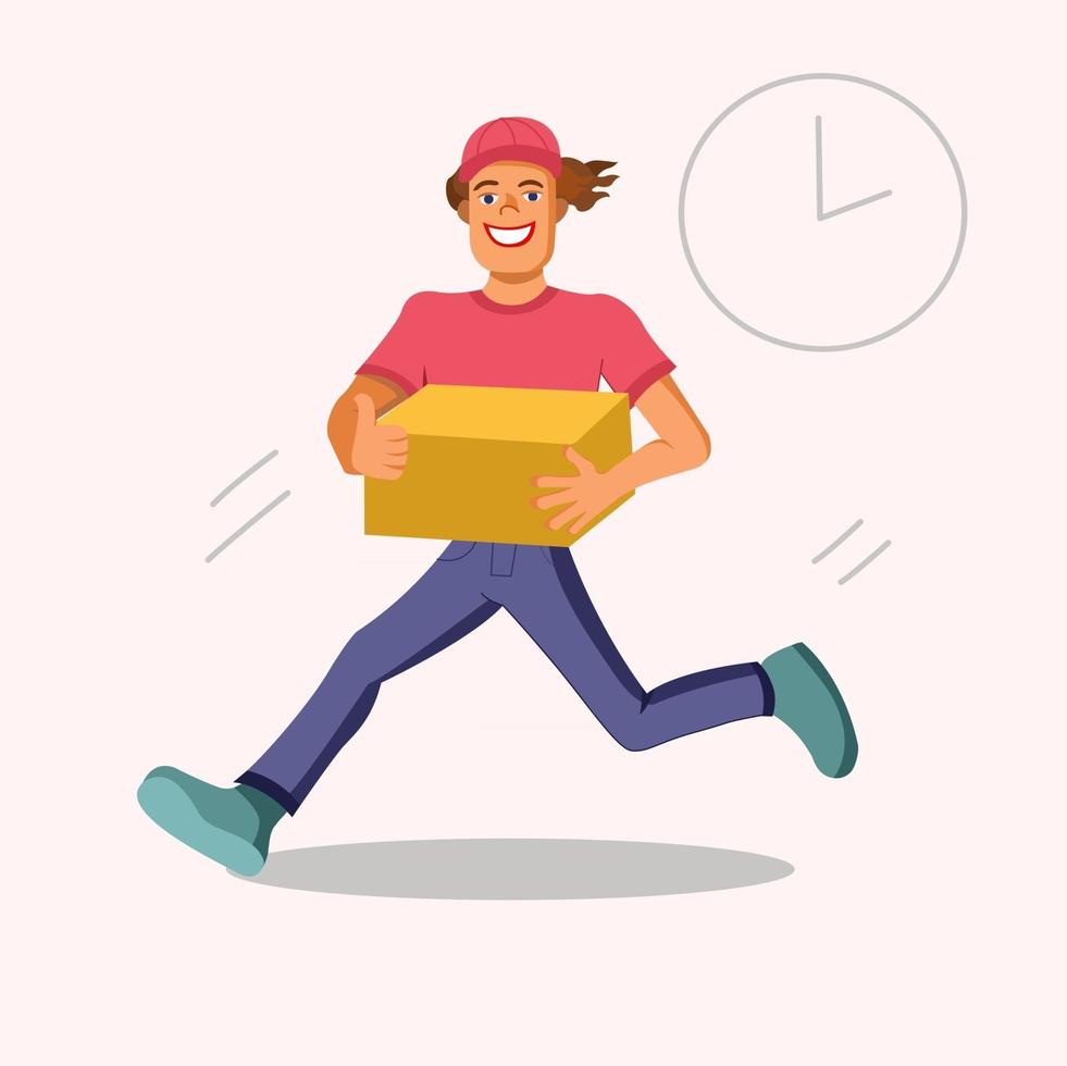 vector illustration of running delivery man with box in his hands