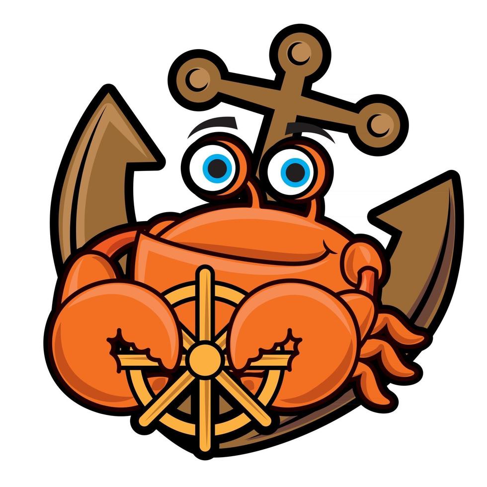 Cartoon cute crab mascot holding steering wheel while sitting on anchor vector