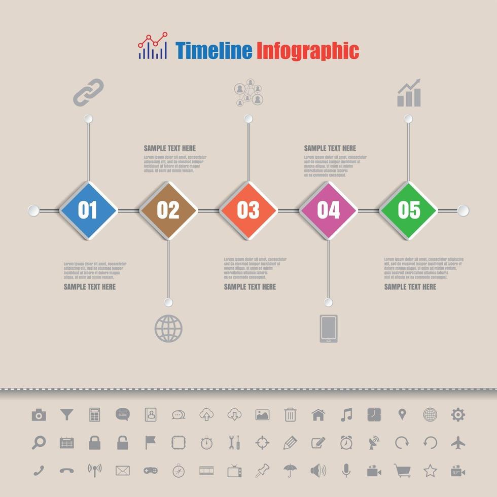 Design template colorful business timeline infographic with set of icons can be used for brochure diagram planning data technology presentation chart website workflow Vector illustration