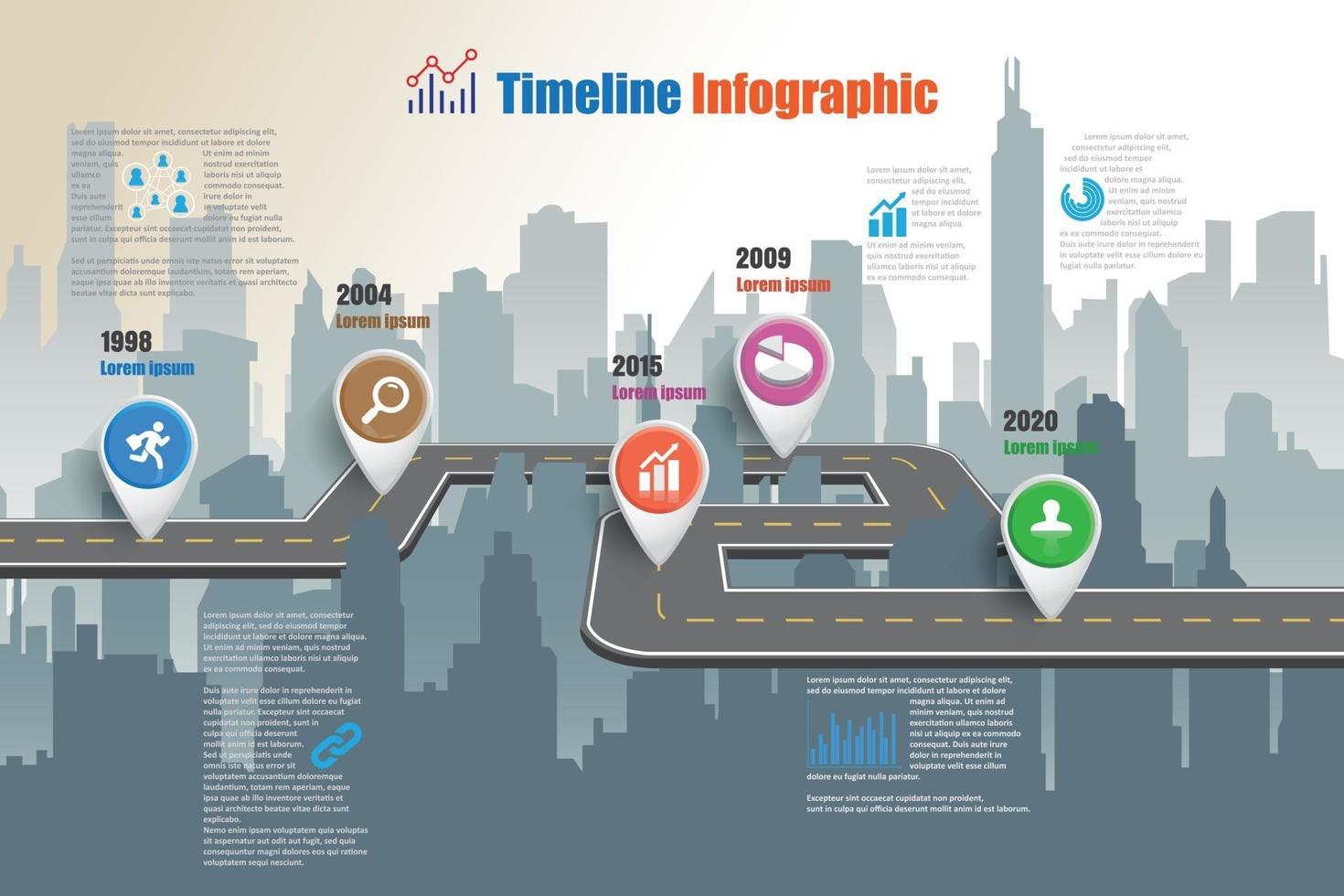 mapa de ruta de negocios ciudad de infografía de línea de tiempo diseñada para fondo abstracto plantilla elemento de hito diagrama moderno tecnología de proceso marketing digital presentación de datos gráfico ilustración vectorial vector