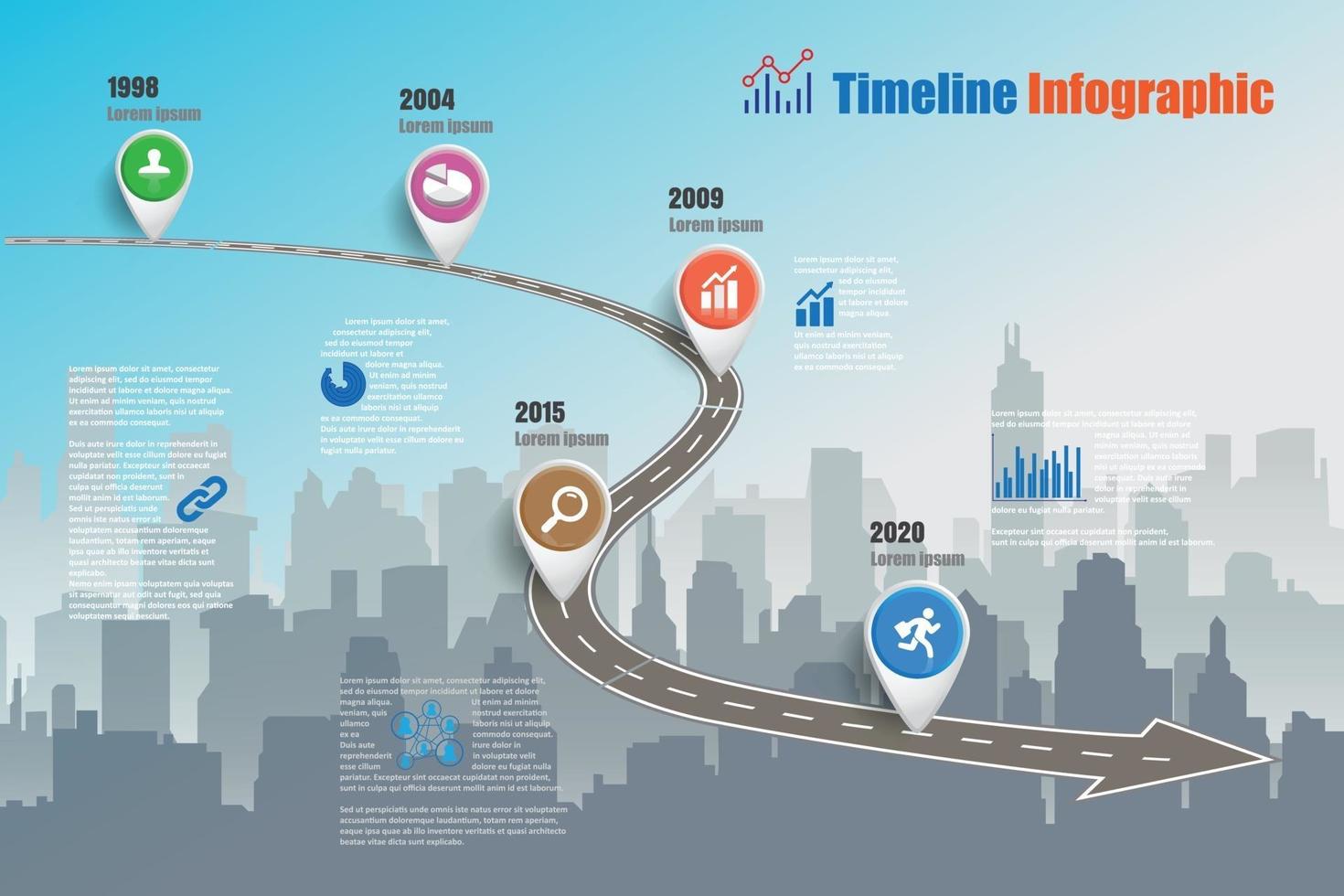 mapa de ruta de negocios ciudad de infografía de línea de tiempo diseñada para fondo abstracto plantilla elemento de hito diagrama moderno tecnología de proceso marketing digital presentación de datos gráfico ilustración vectorial vector