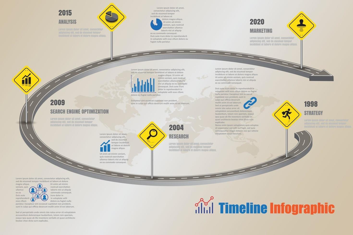 Mapa de señales de tráfico de negocios infografía de línea de tiempo diseñada para plantilla de fondo abstracto elemento de hito diagrama moderno tecnología de proceso marketing digital presentación de datos gráfico ilustración vectorial vector