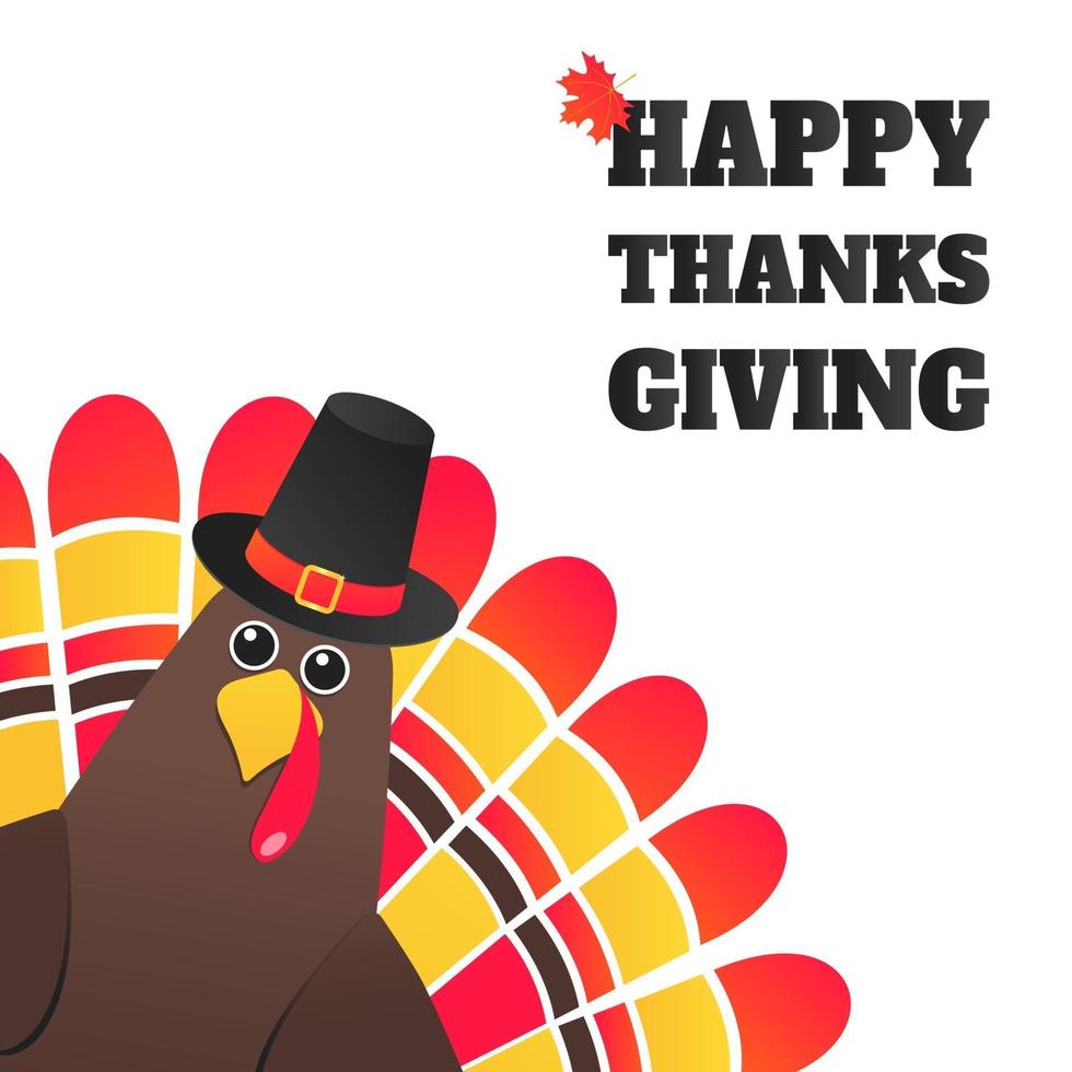 Happy thanksgiving day flat style design poster vector illustration with turkey text give the thanks and autumn maple leaf Turkey with hat and colored feathers celebrate holidays