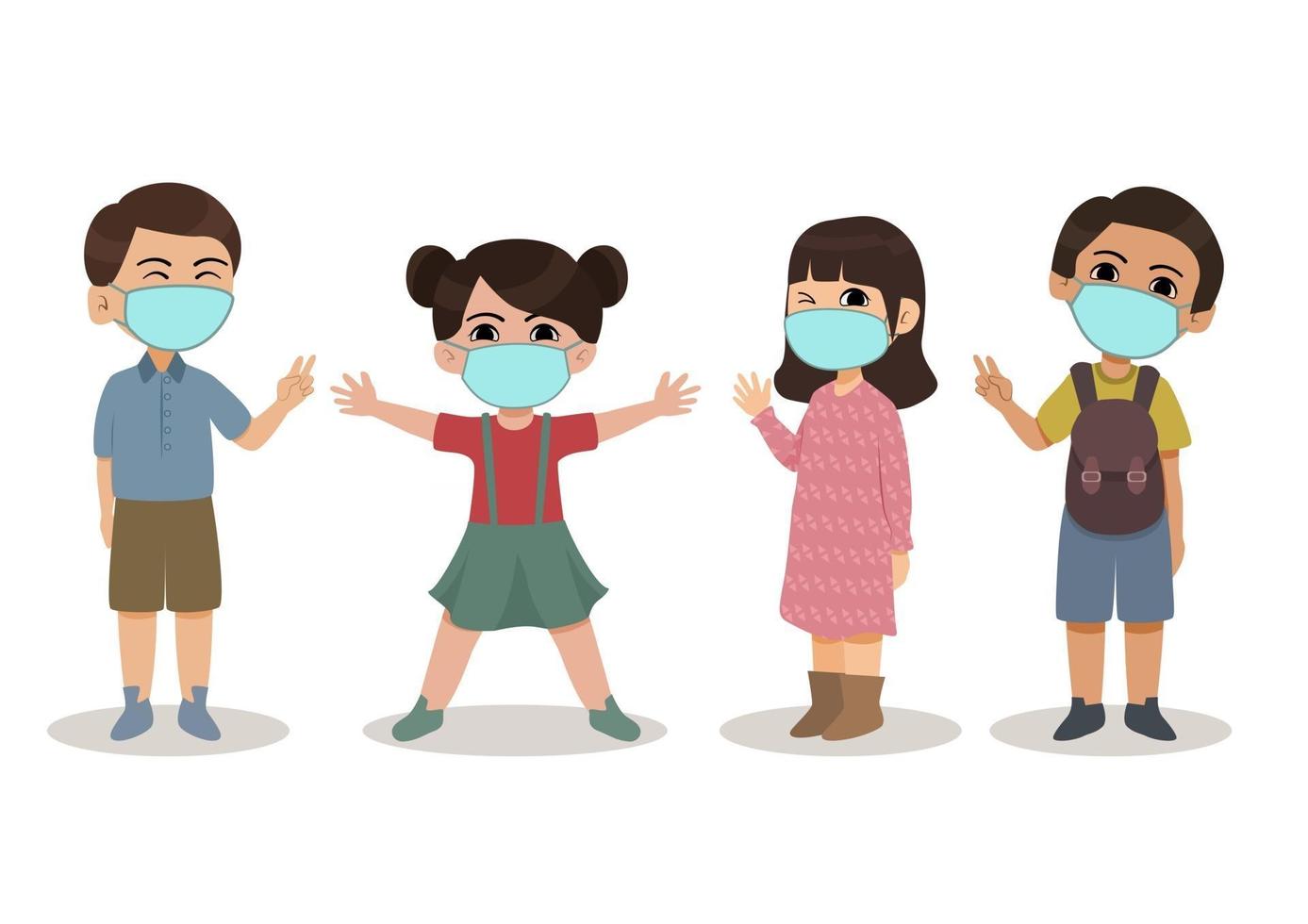 Kids wearing medical face mask during newbnormal vector