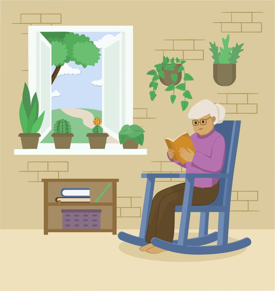 A grandmother reading book in the indoor garden vector
