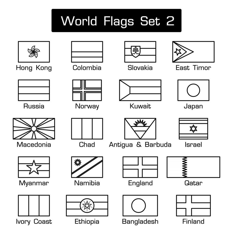 banderas del mundo establecen 2 estilo simple y diseño plano contorno grueso en blanco y negro vector