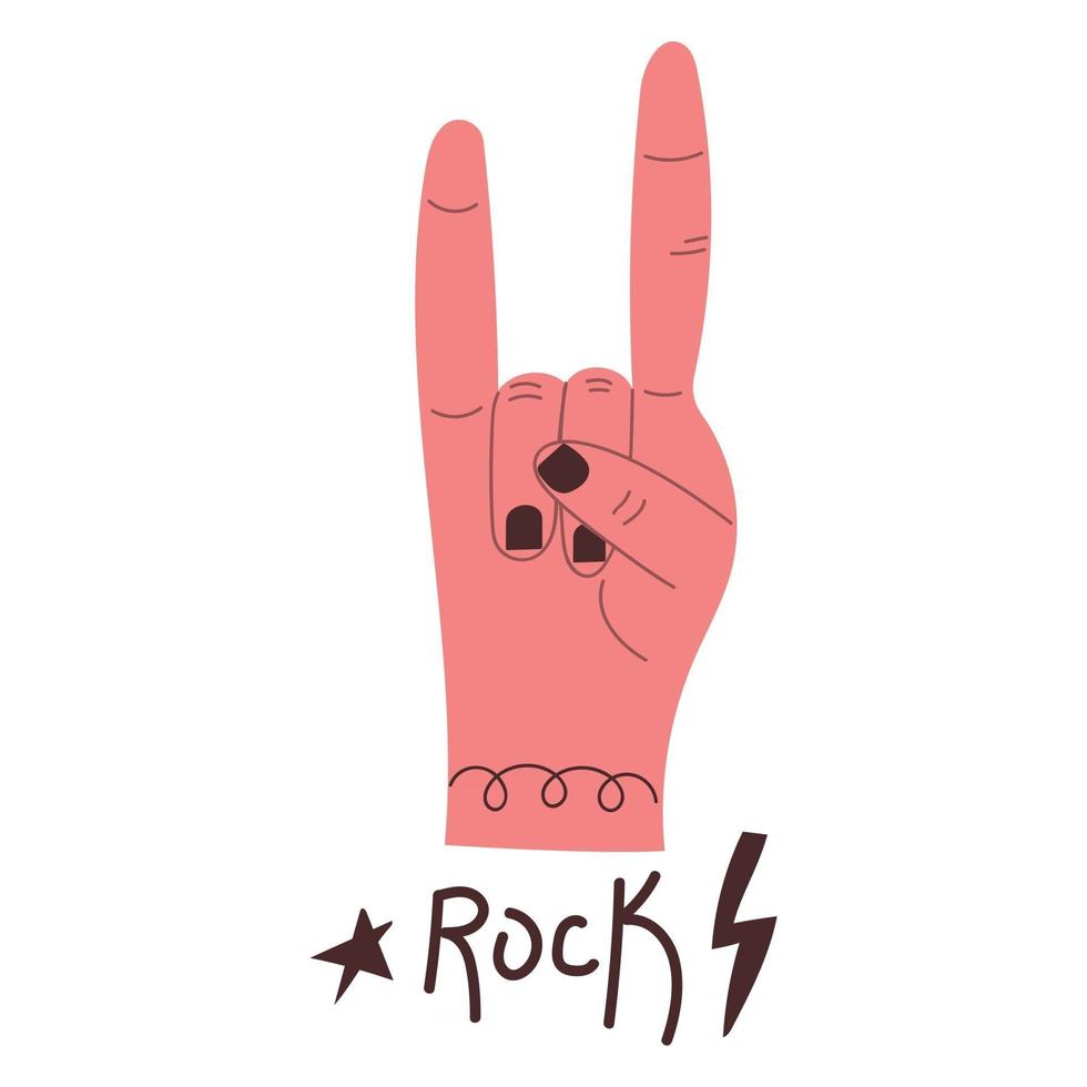 dibujado a mano rock o heavy metal signo de mano dos dedos arriba ilustración plana vector