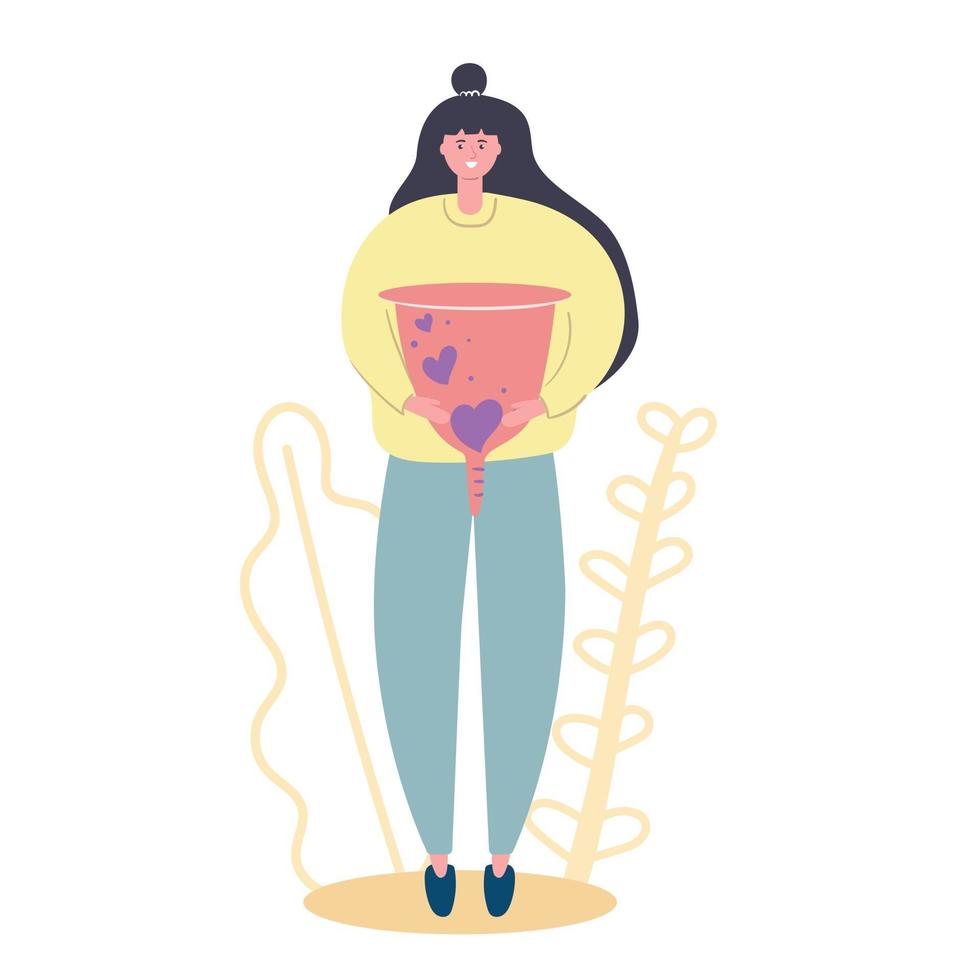 Hand drawn girl holding menstrual cup in her hand Flat illustration vector