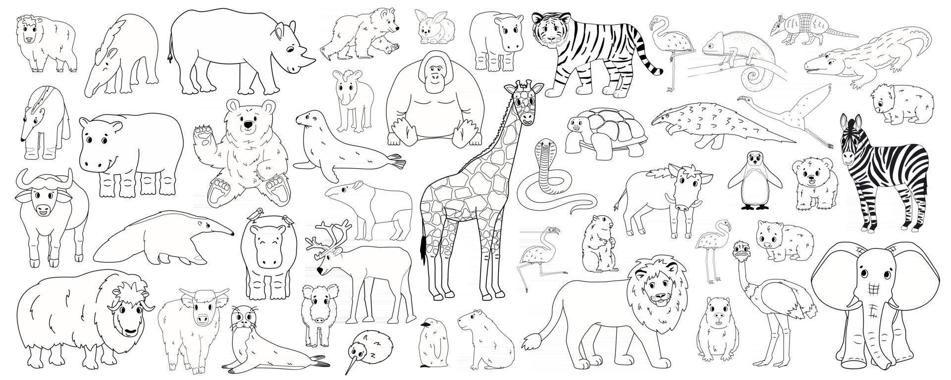 Set of outline cartoon isolated Savannah African American forest animals vector