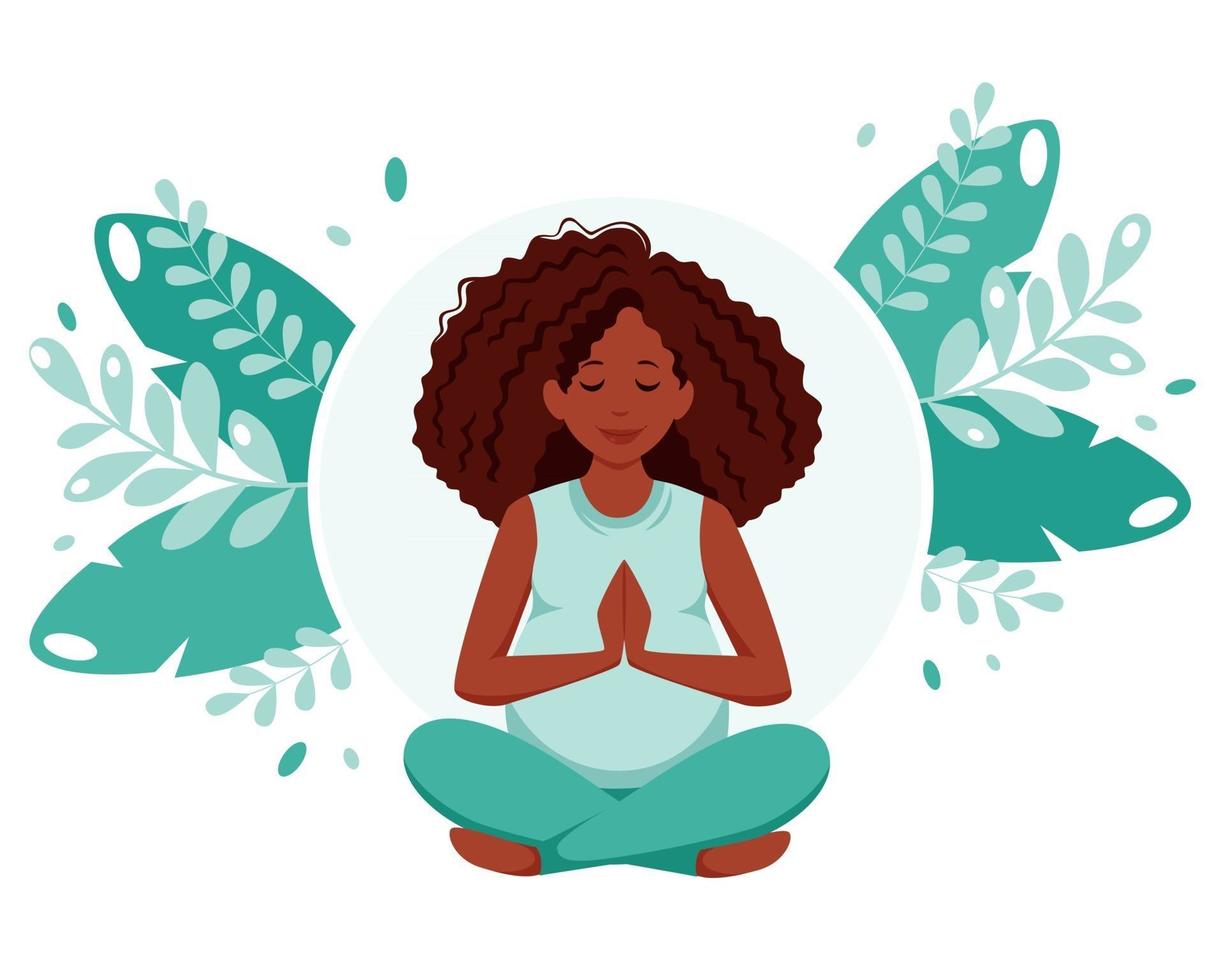 Pregnant african american woman meditating in lotus pose Pregnancy health concept vector
