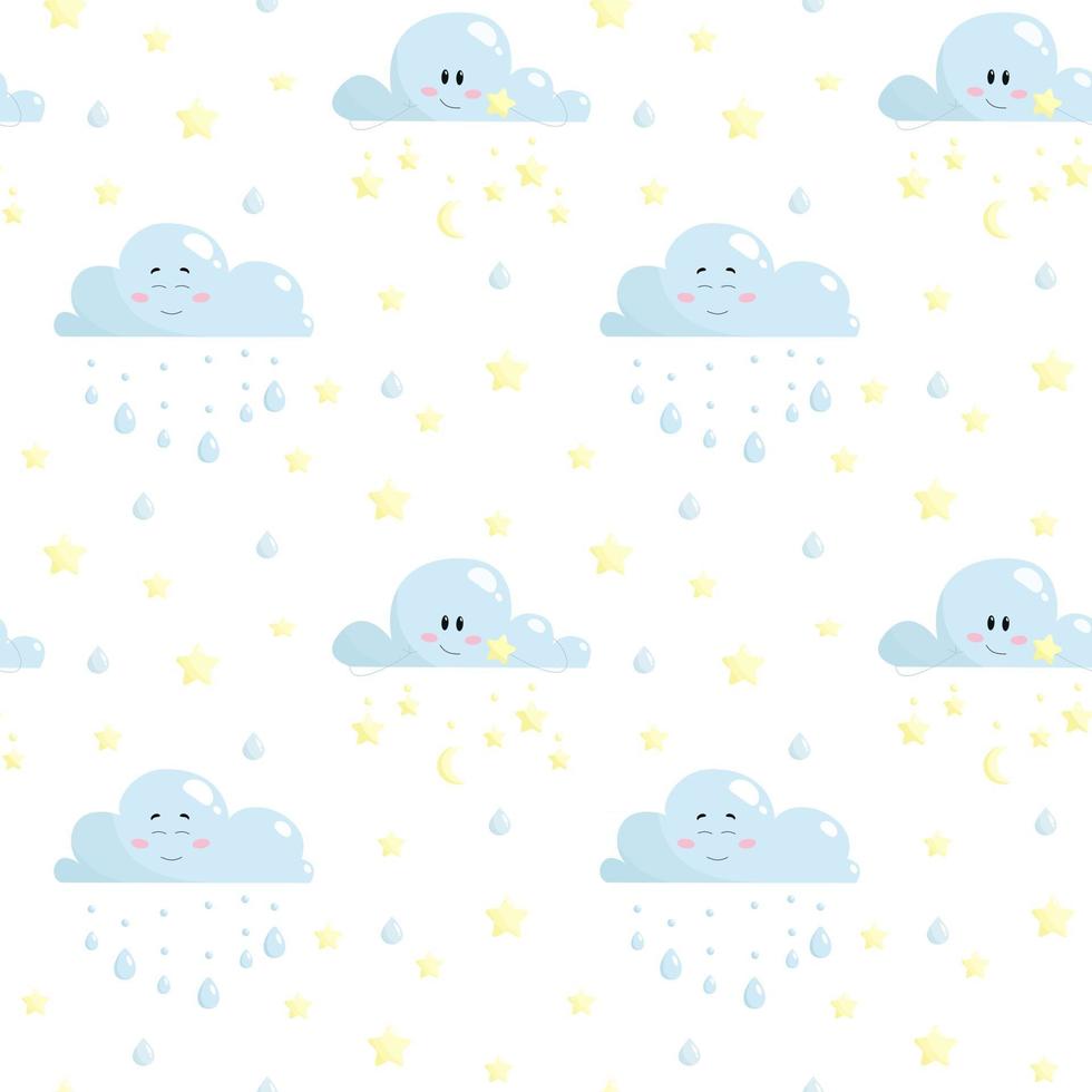 Nursery vector seamless pattern with adorable clouds  stars  raindrops on a white background  Kids illustration
