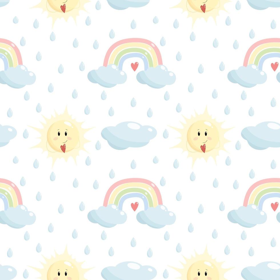 Cute vector seamless pattern of rainbow clouds sun and water drops in a cartoon style