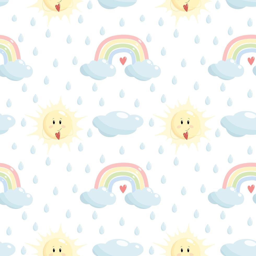 Cute vector seamless pattern of rainbow clouds sun and water drops in a cartoon style