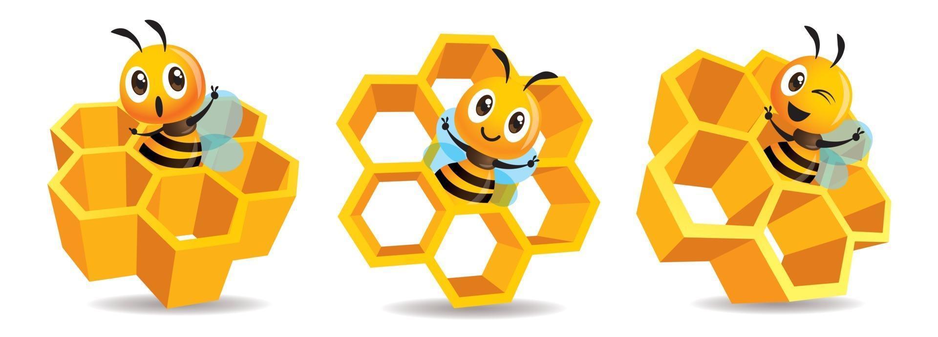 Cartoon cute bee mascot set hiding inside big honeycomb vector