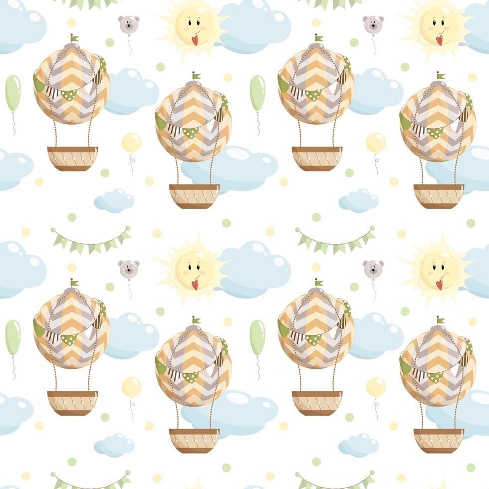 Cute funny childish seamless pattern with hot air balloon  Hand drawn cartoon with clouds  balloons  flag papers and sun  Perfect for kids fabric  textile  wrapping  Vector Illustration