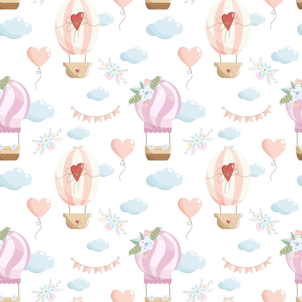 Vector seamless pattern with coral and purple hot air balloons  heart balloon  clouds  paper flags and flower compositions on white background  Cute nursery background