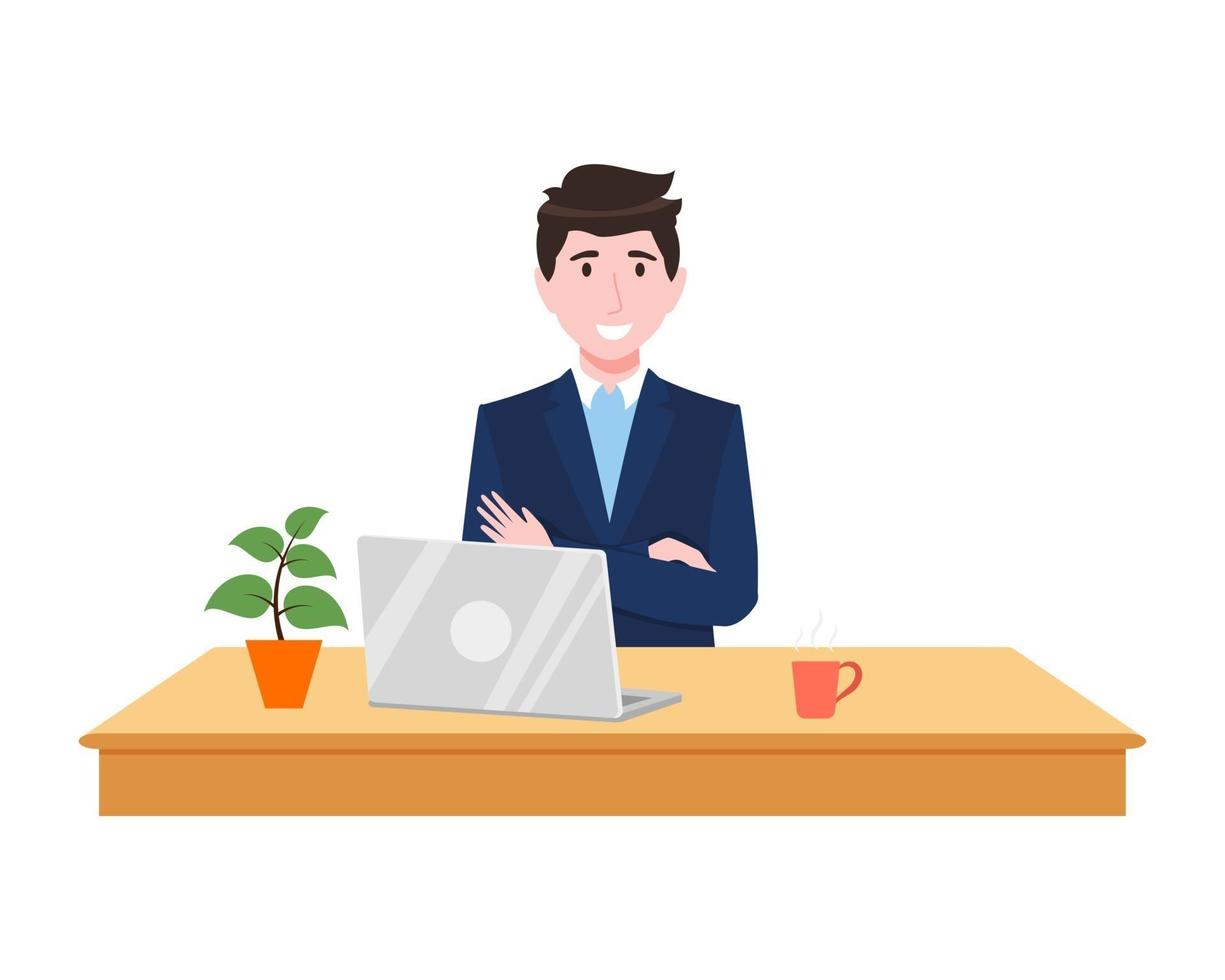 Young beautiful businessman a character wearing business outfit setting on desk with laptop coffee and waving vector