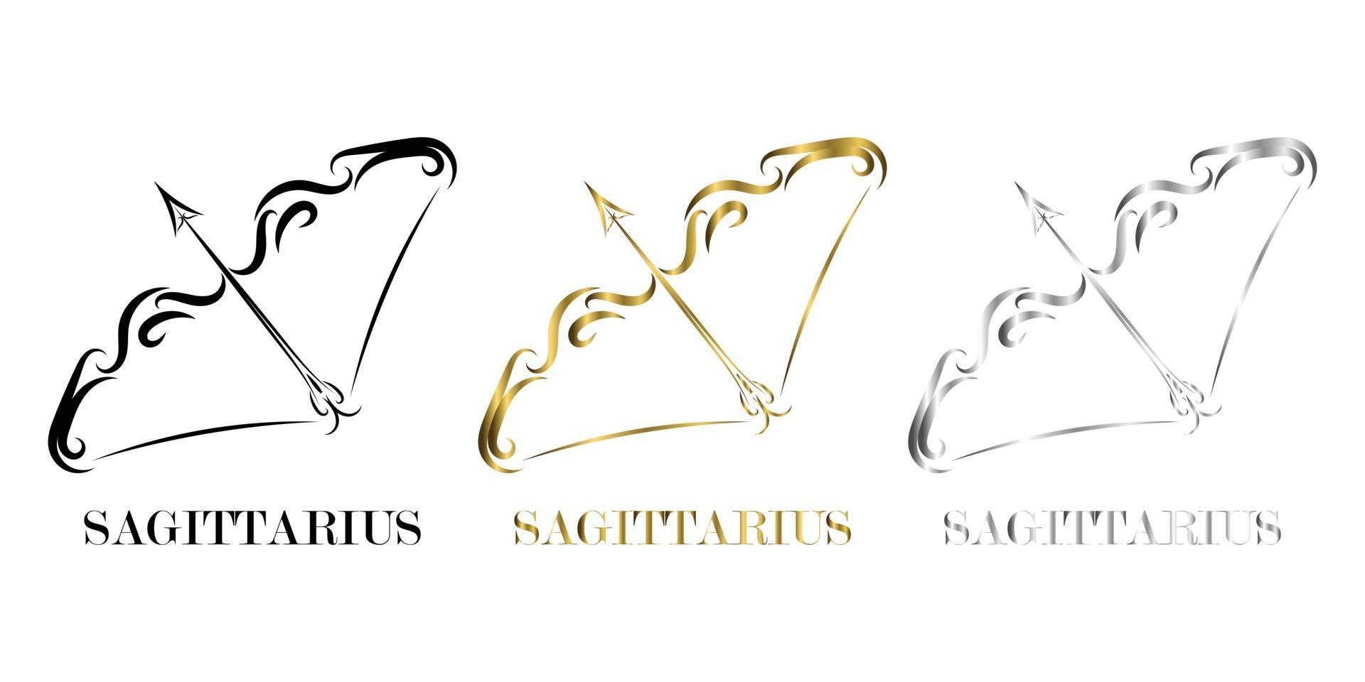Line vector logo of bow and arrow It is sign of Sagittarius zodiac three are three color black gold silver
