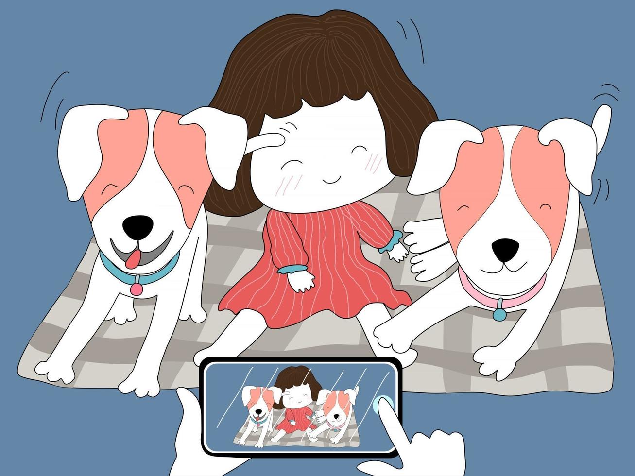 The dog family with the girls enjoying their poses for photos vector