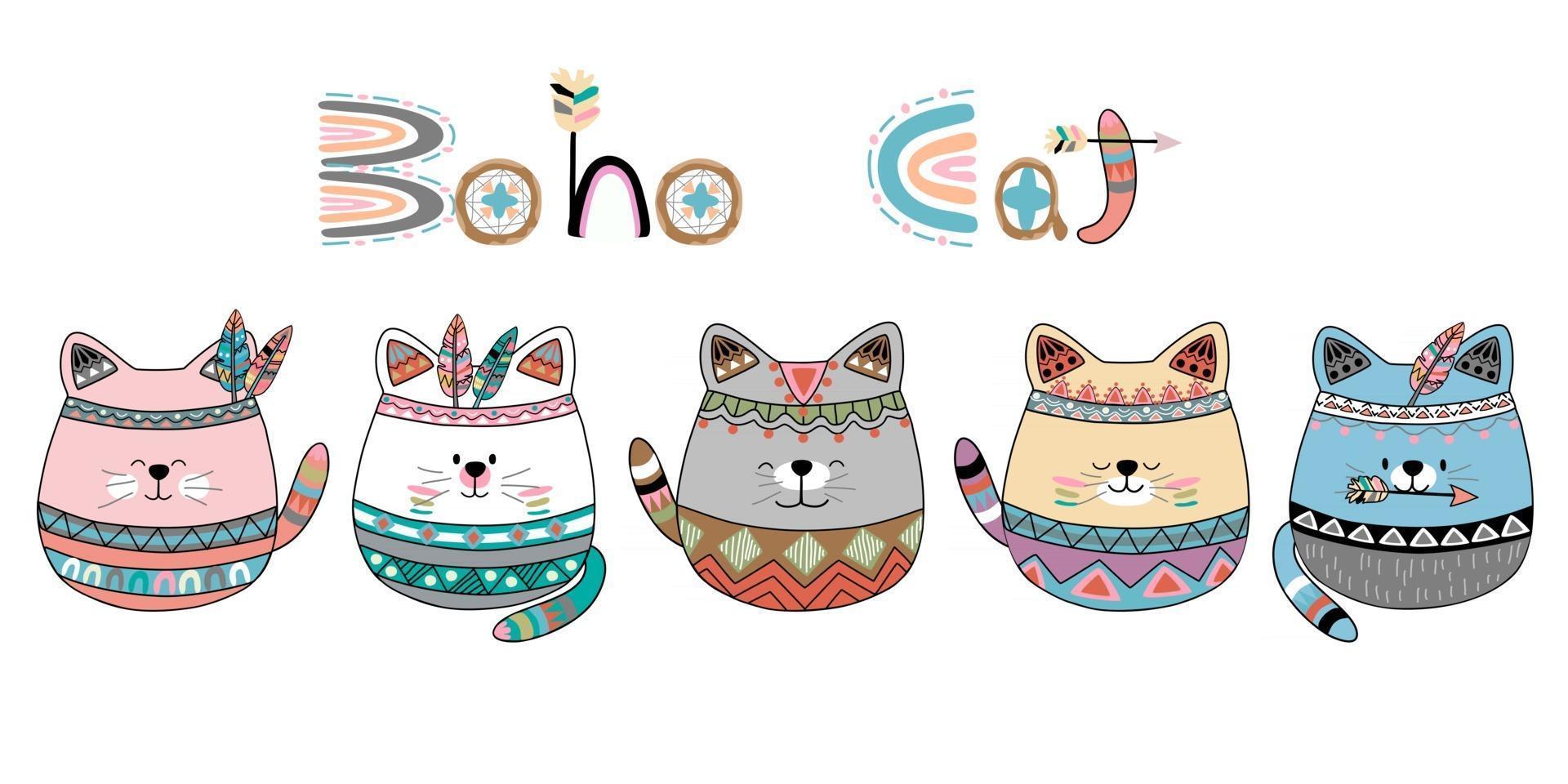 This boho cat design with cute patterns vector