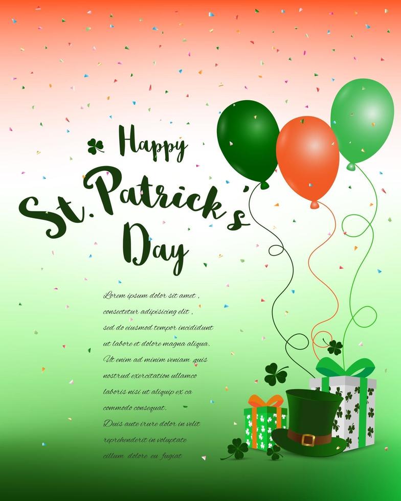 Feliz día de San Patricio fondo colorido con confeti de globos de caja de regalo y lugar para el texto vector