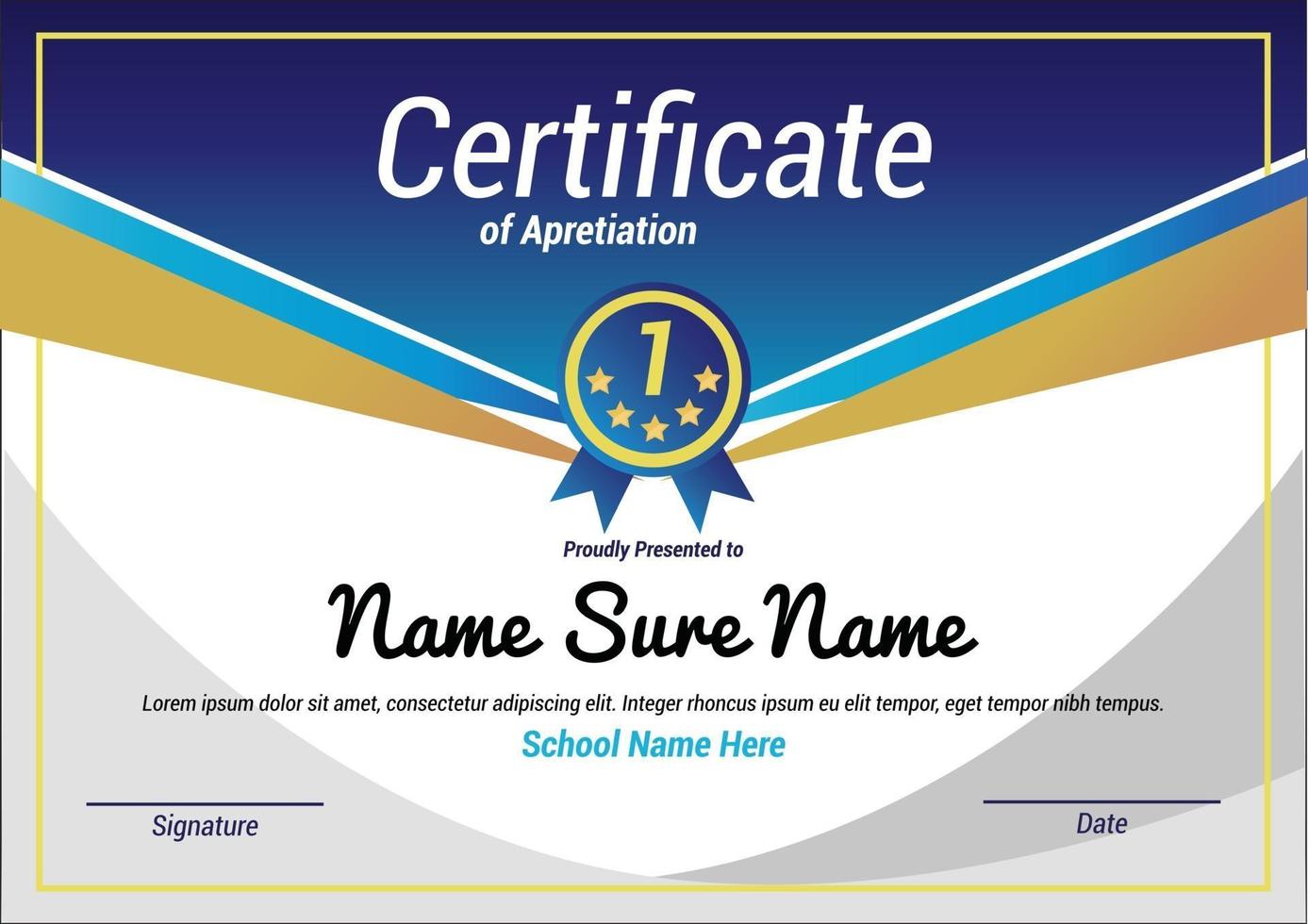 Elegant blue and gold diploma certificate of apretitation template school vector