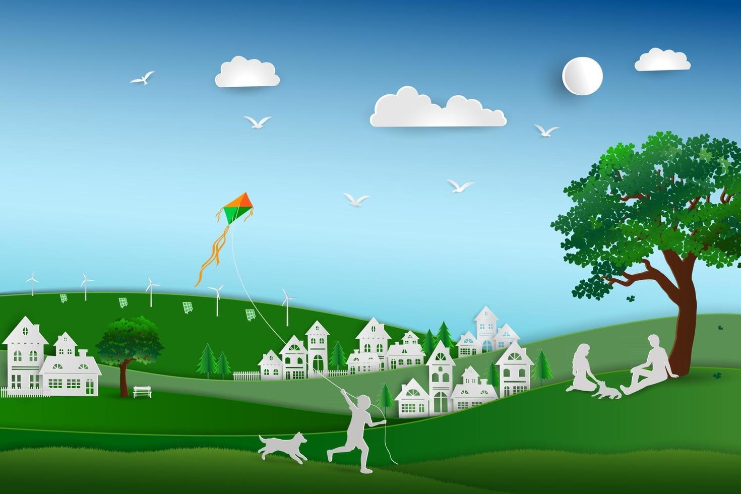 Back to nature and save the environment concept green energy eco friendly with solar and wind power family love the dog happy and relax in the meadow vector