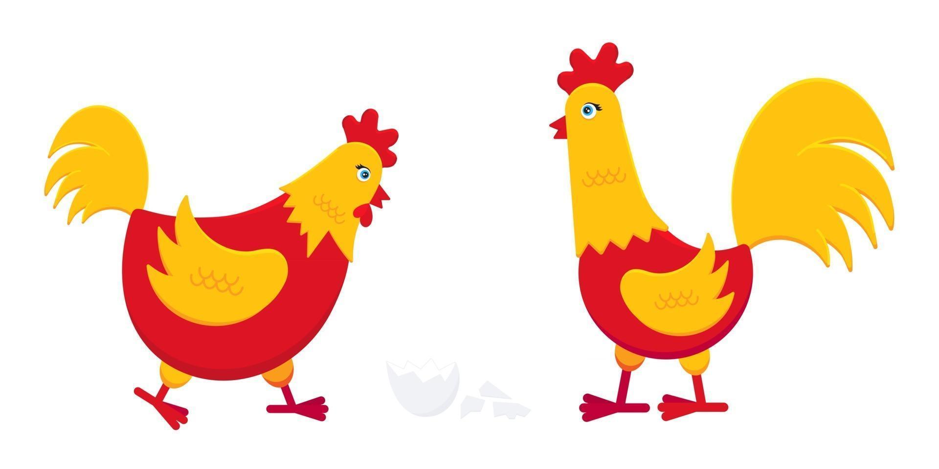 Yellow and red chicken with broken egg and a rooster cock flat style design vector illustration