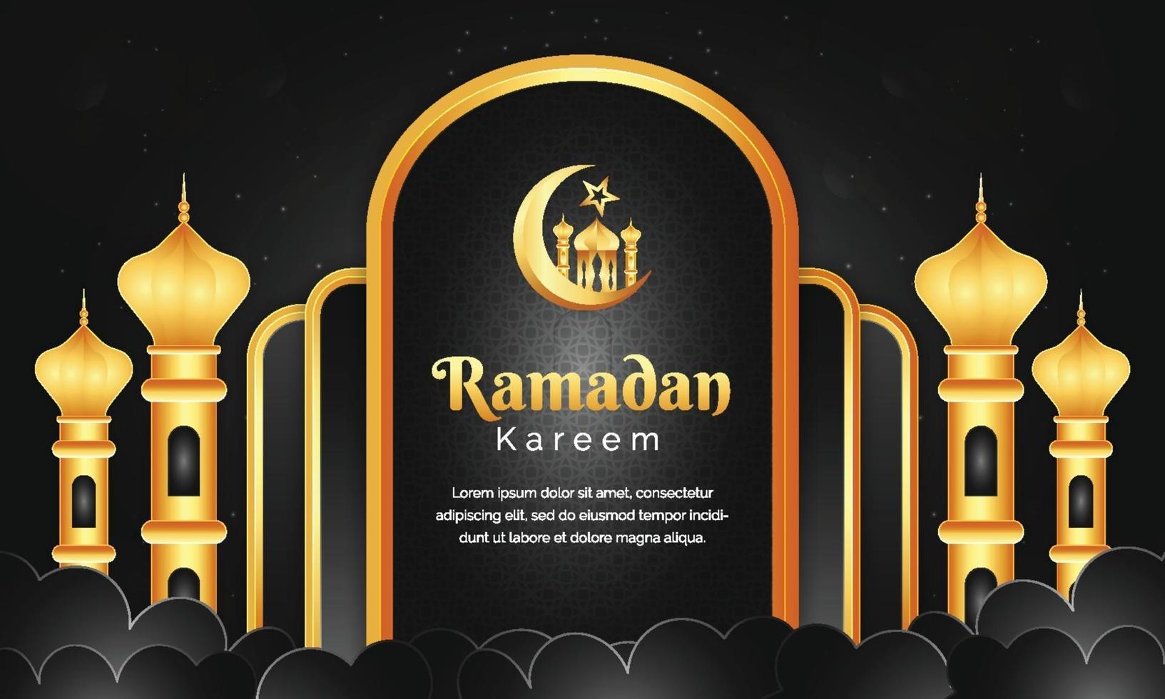 Hermoso fondo realista de ramadan kareem negro y dorado con linternas vector