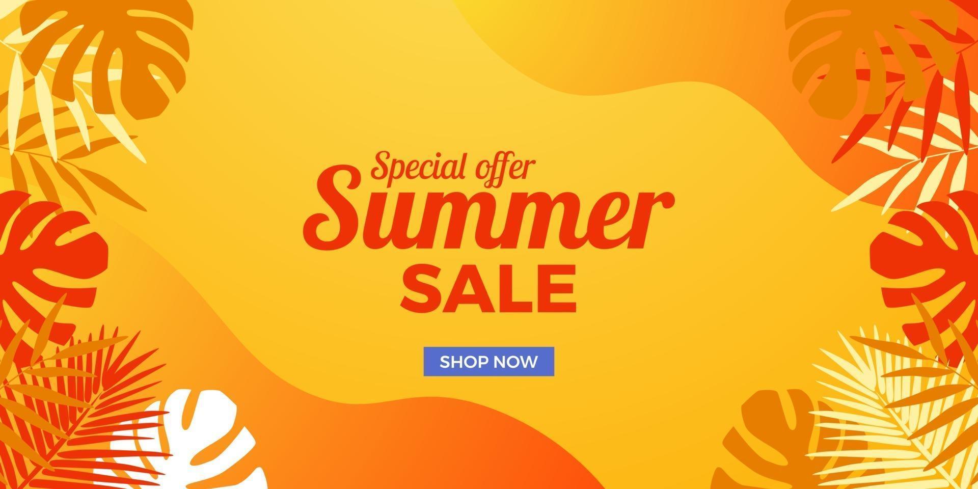 Oferta de venta de verano Banner de promoción de descuento con hojas de decoración de memphis abstracta y fondo naranja vector
